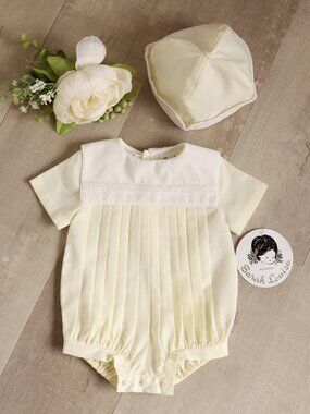 Preemie Boy Yellow Heirloom Bubble Romper With Cap Pintucks Nautical Anchor NWT